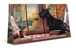 Настольный пластиковый календарь "Любавич".  Печать по прозрачному пластику УФ-красками (CMYK + белила). Фоновое изображение и собака на первом плане дают эффект 3D-об
